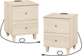 WAMPAT Nightstands with Charging Station & 2 Drawers, Set of 2 Modern Mid-Century End Tables Wooden Bedside Table for Living Room, Bedroom Storage, Light Oak