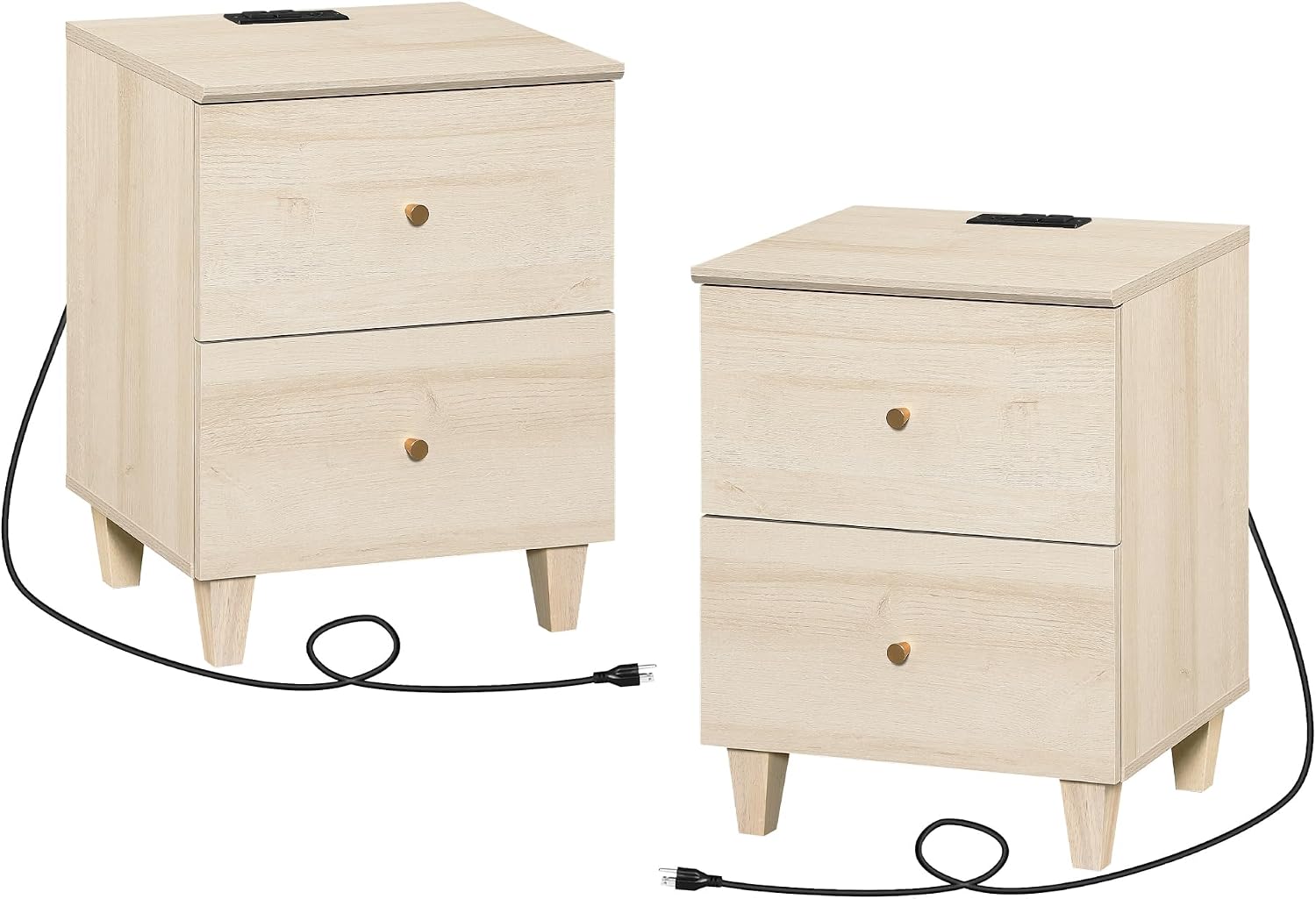WAMPAT Nightstands with Charging Station & 2 Drawers, Set of 2 Modern Mid-Century End Tables Wooden Bedside Table for Living Room, Bedroom Storage, Light Oak