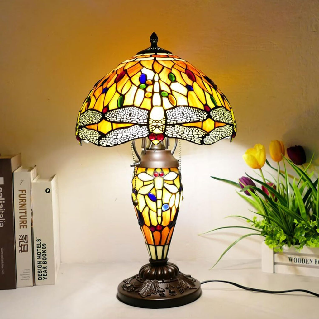 12 Inch Dragonfly Stained Glass Lamp Shade, Tiffany Style Lampshades Replacement, Handmade Vintage Lamp Cover Accessories Only for Table lamp Pendant Light Ceiling Fixture,Orange