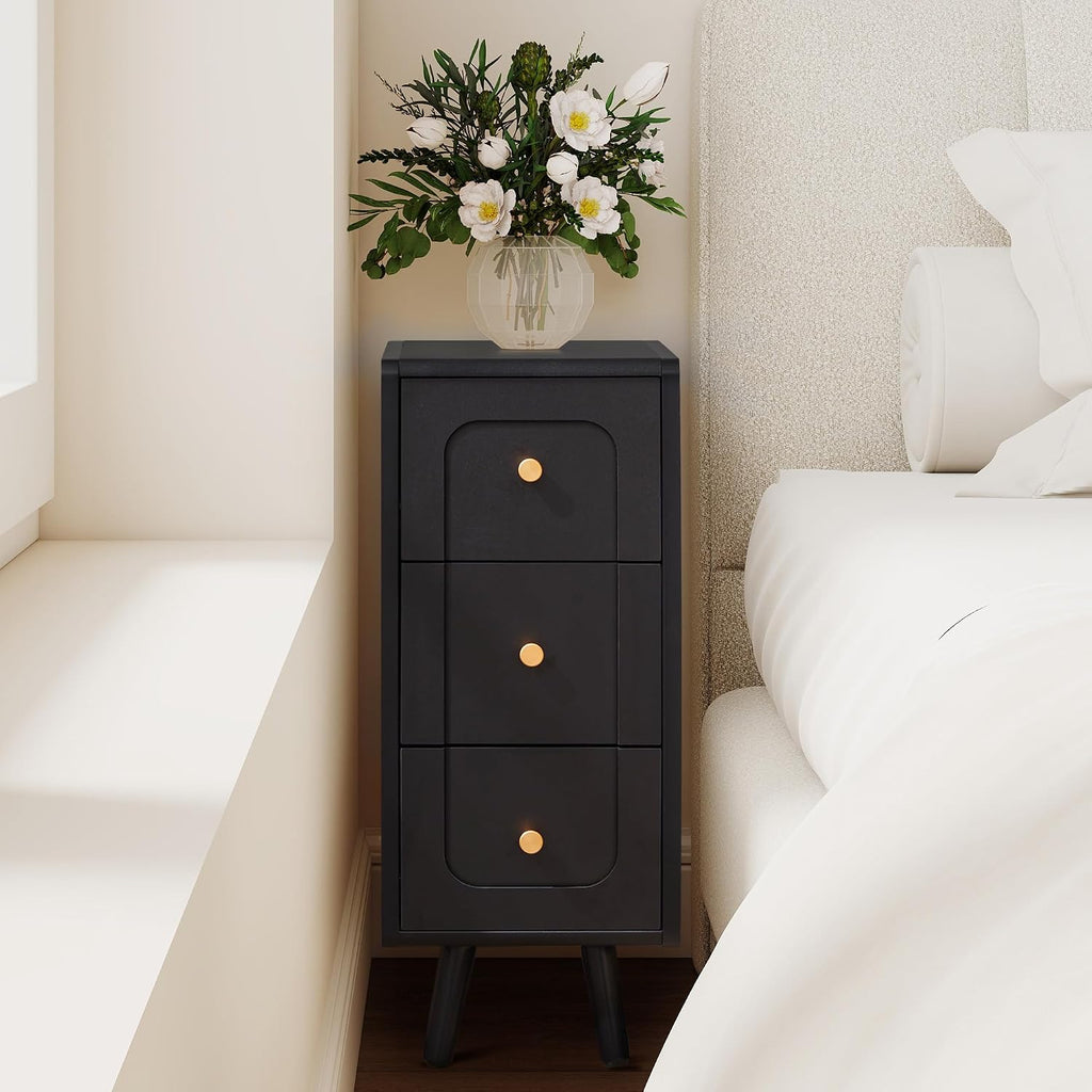 Small Nightstand Set of 2, Narrow Nightstand Slim Couch Side Table with Drawers, Wood End Tables with Storage for Living Room, Bedroom, Small Spaces (3Drawers-Black-2PCS)