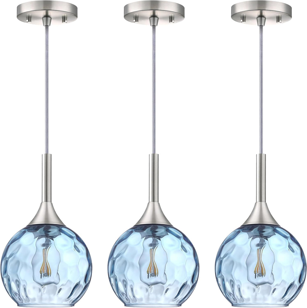 6.3' Texture Blue Glass Rod Pendant Light 3 Pack Pendant Ceiling Light Fixture Brushed Nickel Finish Modern Farmhouse Dinning Over Sink Adjustable Height Rod