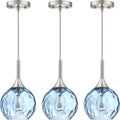 6.3' Texture Blue Glass Rod Pendant Light 3 Pack Pendant Ceiling Light Fixture Brushed Nickel Finish Modern Farmhouse Dinning Over Sink Adjustable Height Rod