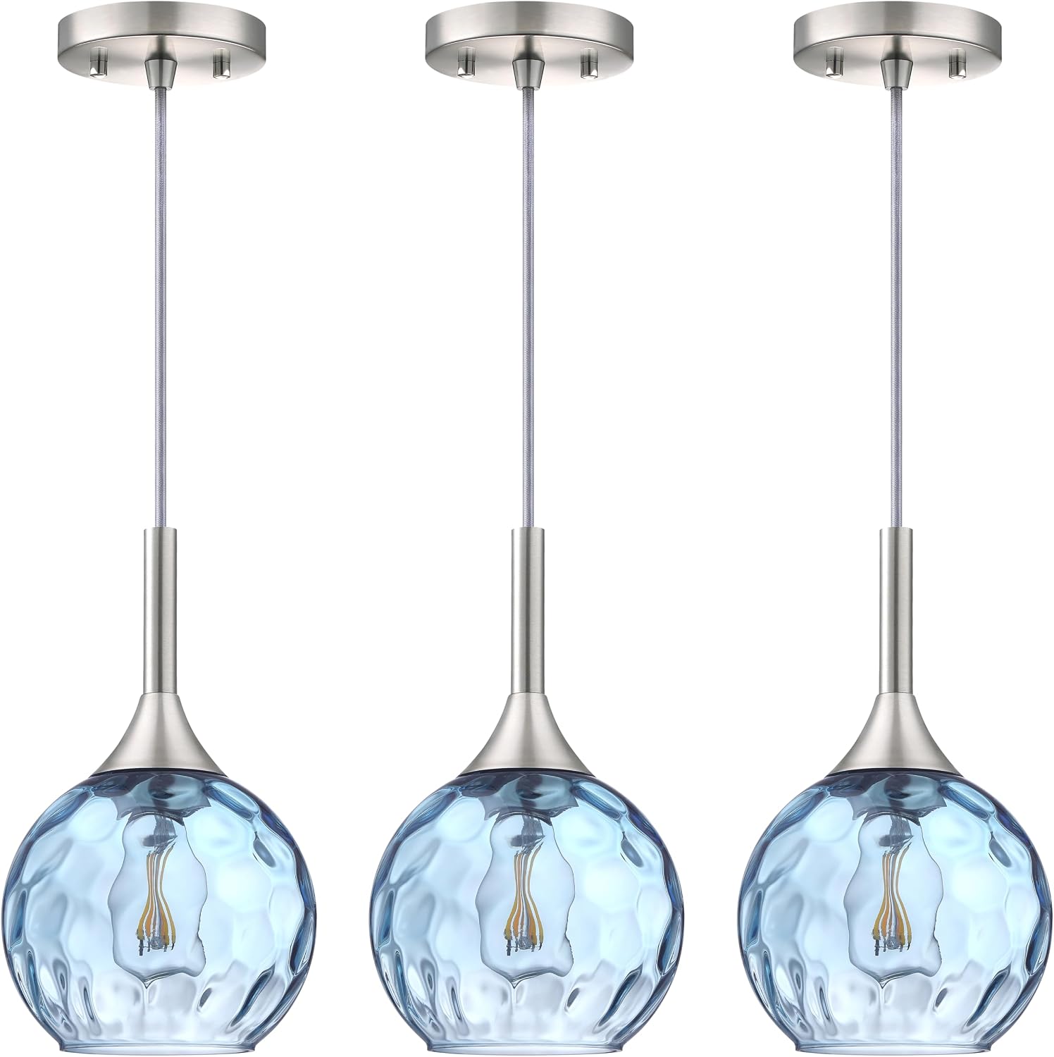 6.3' Texture Blue Glass Rod Pendant Light 3 Pack Pendant Ceiling Light Fixture Brushed Nickel Finish Modern Farmhouse Dinning Over Sink Adjustable Height Rod