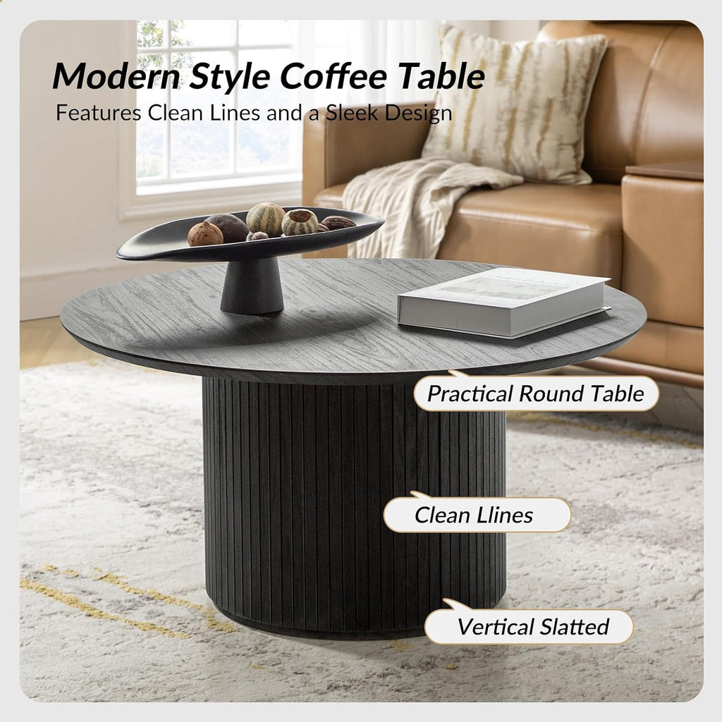 HULALA Home Round Coffee Table, Wood Coffee Table with Vertical Slat Base, Modern Coffee Table for Living Room and Lounge Room, Charcoal