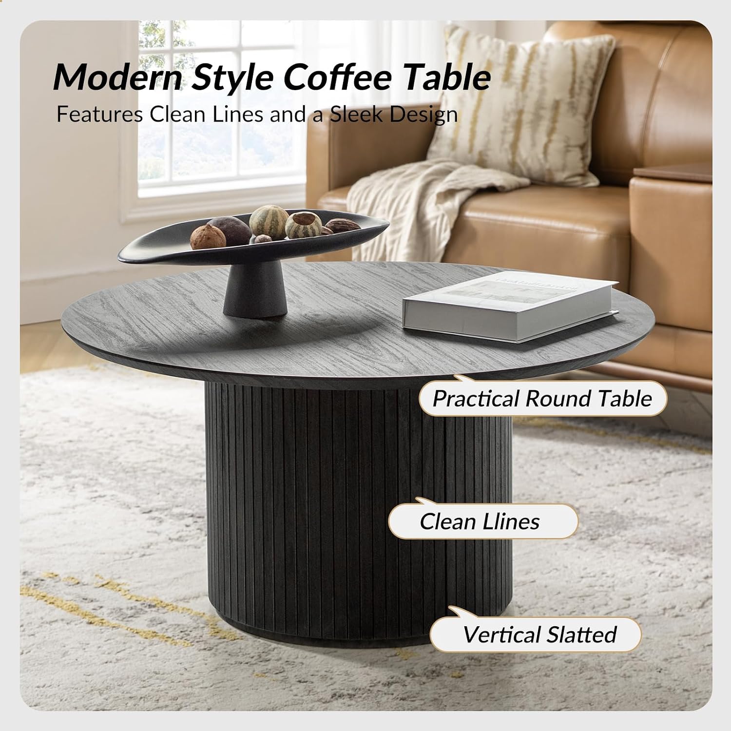 HULALA Home Round Coffee Table, Wood Coffee Table with Vertical Slat Base, Modern Coffee Table for Living Room and Lounge Room, Charcoal