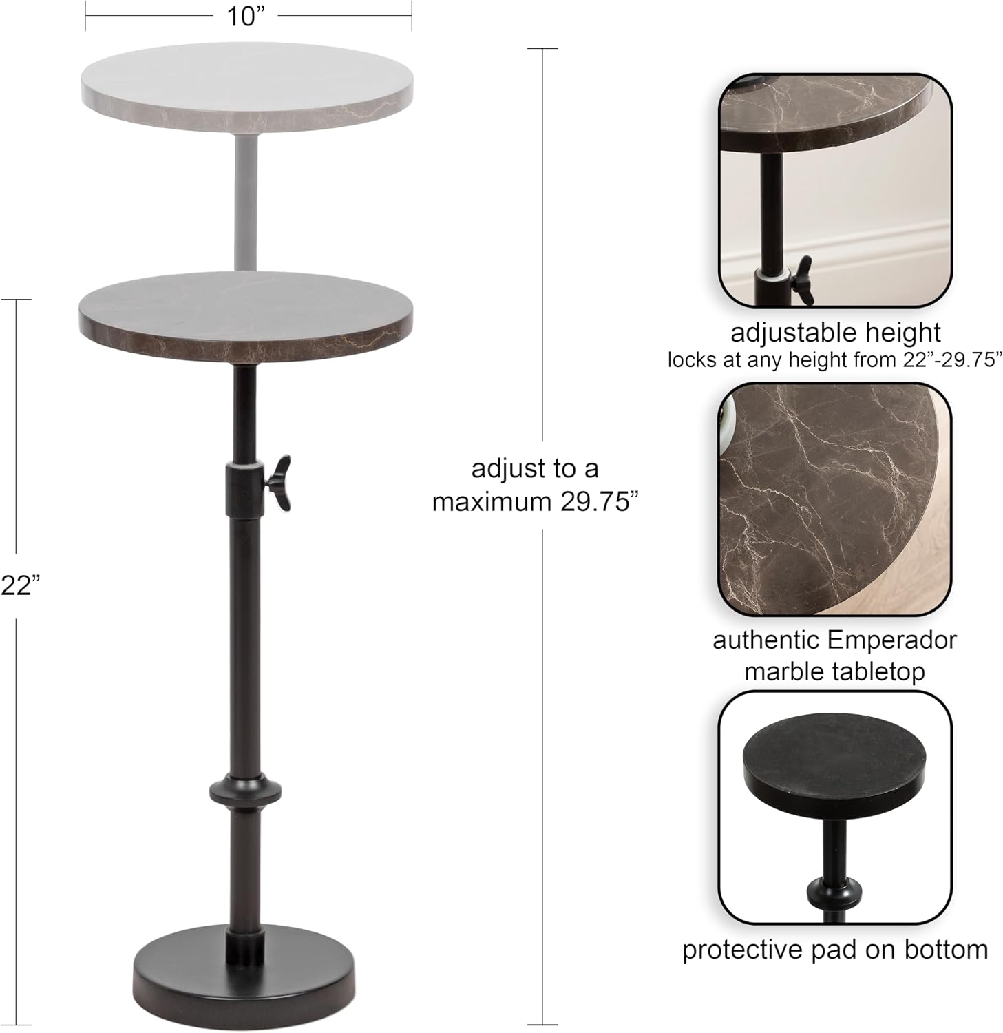 Kate and Laurel Engles Traditional Adjustable-Height Pedestal Drink Table, 10 x 10 x 30, Dark Emperador Marble and Black, Round Metal Mini Table for Indoor Plant Stand with Authentic Stone Tabletop