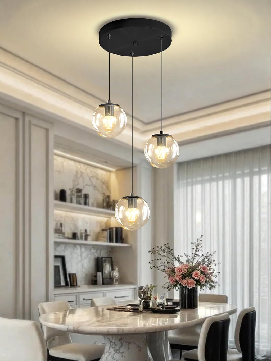 ykolupty 3-Light Small Chandelier LED Modern Glass Globe Pendant Light Chandeliers for Entryway Lighting Fixture Bedroom and Dining Room