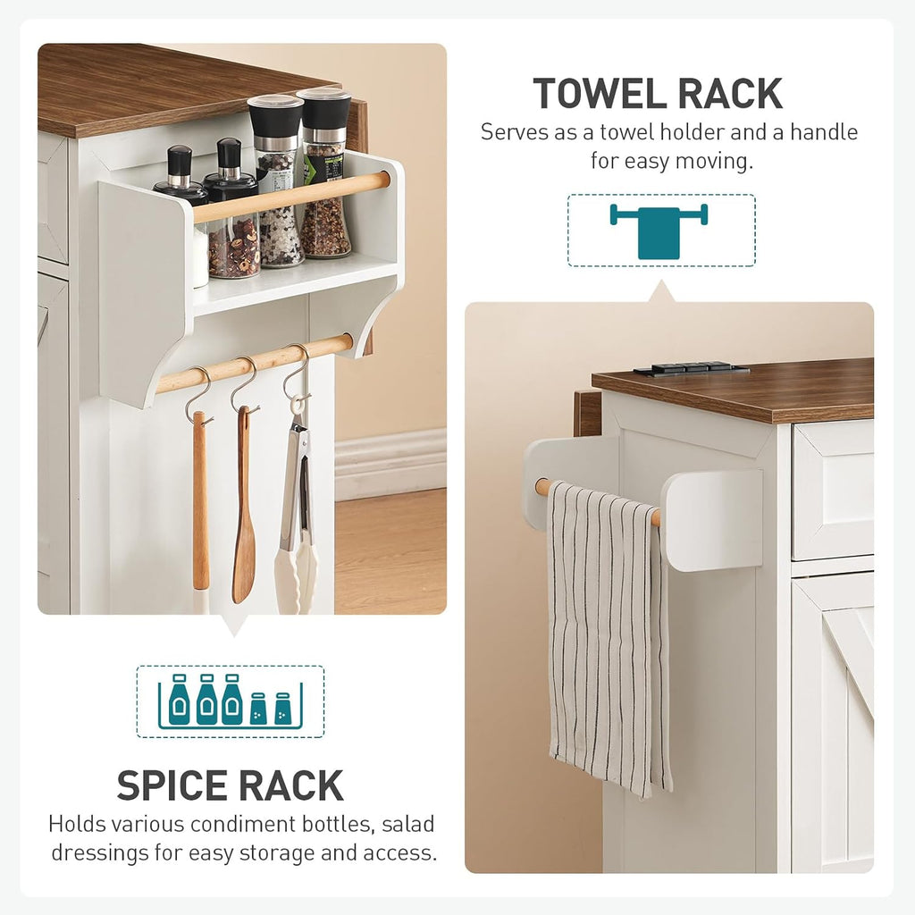 RALGEND Kitchen Island with Drop Leaf & Power Outlet, Rolling Kitchen Island Cart On Wheels, Barn Door Kitchen Island Table with Storage and Tower Rack, Island Table for Kitchen, White and Walnut