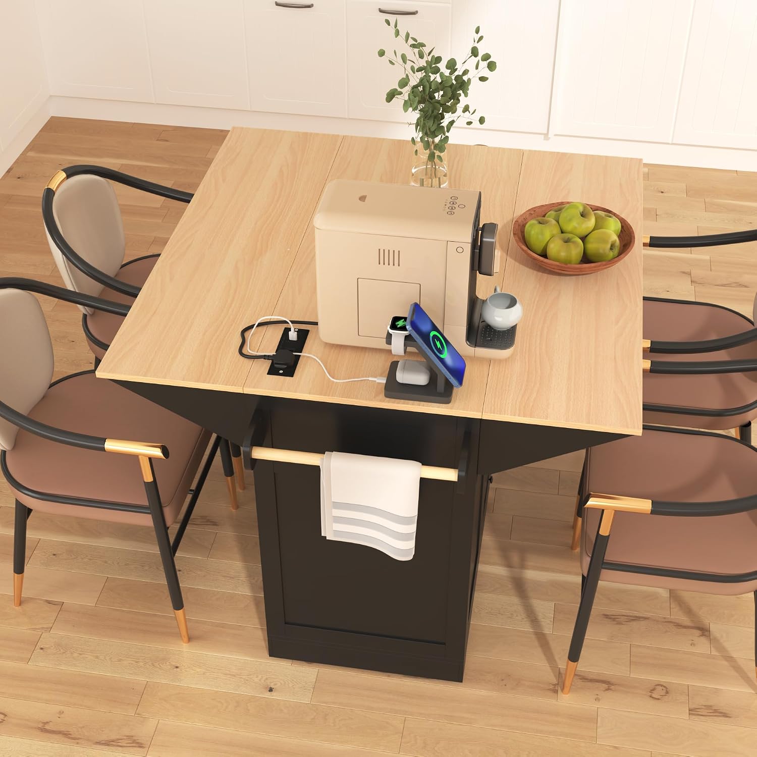 Merax 55.7' Upgraded Large Kitchen Cart Island on Wheels with 2 Drop Leaf,Power Outlet,3 Drawers,Wood Frame Storage Cabinet