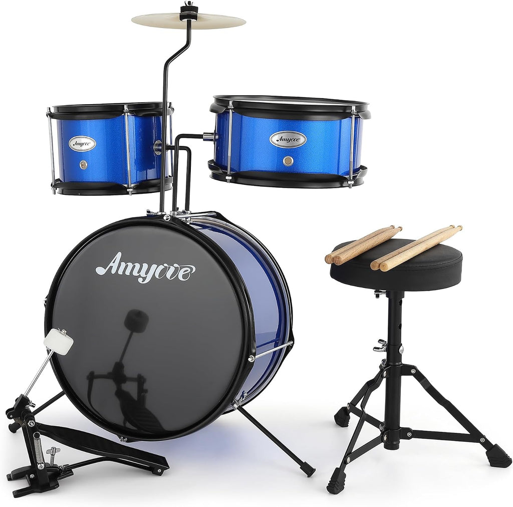 3-Piece Beginner Drum Set, Beginner Drum Set,with Bass Tom Snare Drum, 14 Inch Drum Kit with Snare, Cymbal, Drumsticks, Adjustable Seat (Blue)