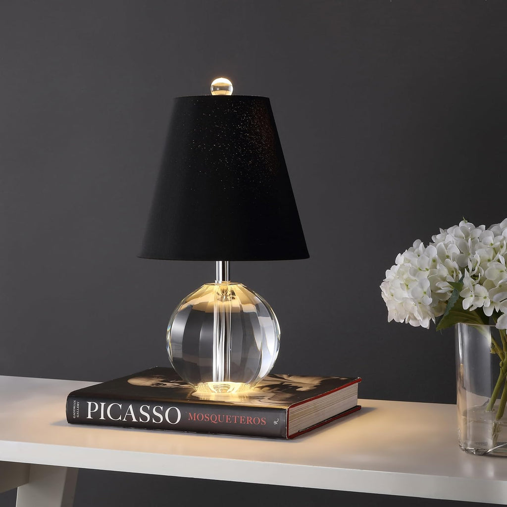 JONATHAN Y 16' Clear/Black Crystal Ball LED Table Lamp, White Modern Bedside Lamp, with White Linen Empire Shade, Glam Orb Glass Nightstand Lamp for Living Room, LED Bulb (JYL2079B)