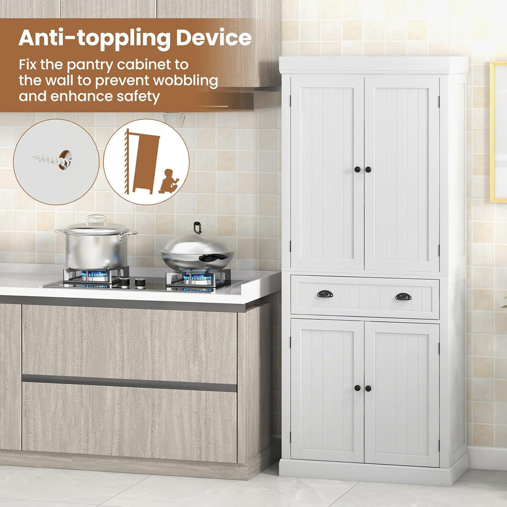 Giantex Pantry Organizers and Storage, 72' Tall Kitchen Cabinet with 2-Door Cabinets & Drawer, Buffet Sideboard w/Adjustable Shelves, Wooden Freestanding Cupboard for Dining Room Living Room (White)