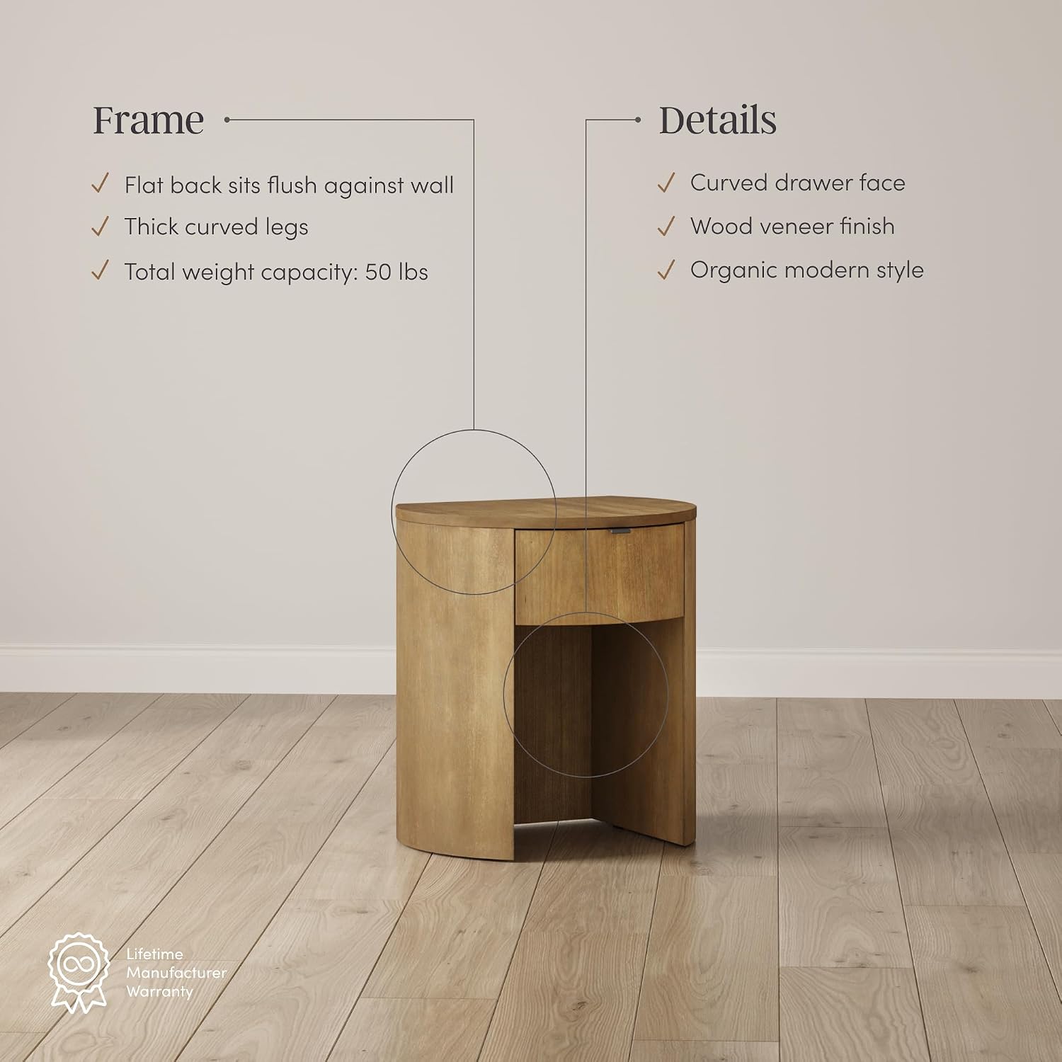Nathan James Shay Solid Wood Nightstand, Modern Bedside Table with Drawer, Contemporary Rounded Nightstand Table for Bedroom, Light Brown Set of 2