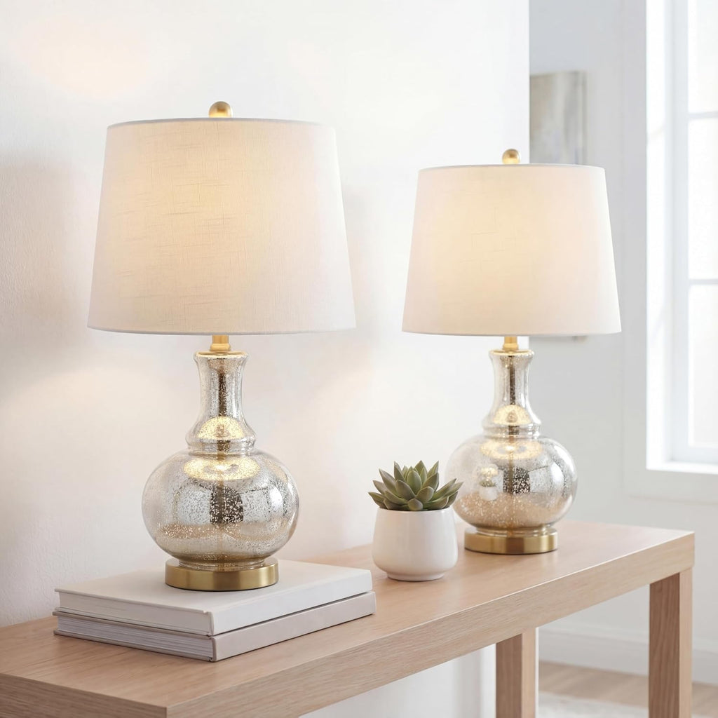 JONATHAN Y 25' Mercury Silver and Brass Gold Glass Table Lamp Set of 2 for Bedroom, Modern Bedside Lamp for Living Room Nightstand, White Linen Drum Shade, LED Bulb Included JYL1068A-SET2