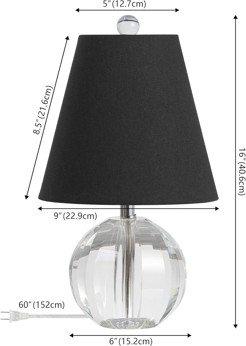 JONATHAN Y 16' Clear/Black Crystal Ball LED Table Lamp, White Modern Bedside Lamp, with White Linen Empire Shade, Glam Orb Glass Nightstand Lamp for Living Room, LED Bulb (JYL2079B)