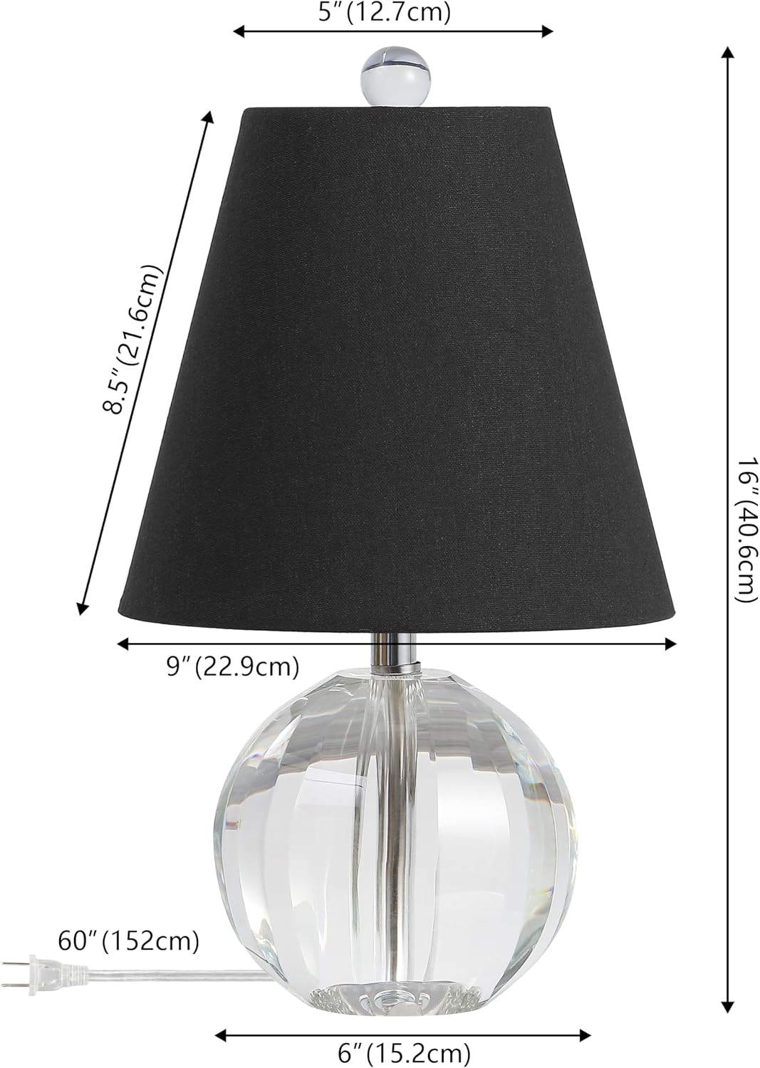 JONATHAN Y 16' Clear/Black Crystal Ball LED Table Lamp, White Modern Bedside Lamp, with White Linen Empire Shade, Glam Orb Glass Nightstand Lamp for Living Room, LED Bulb (JYL2079B)