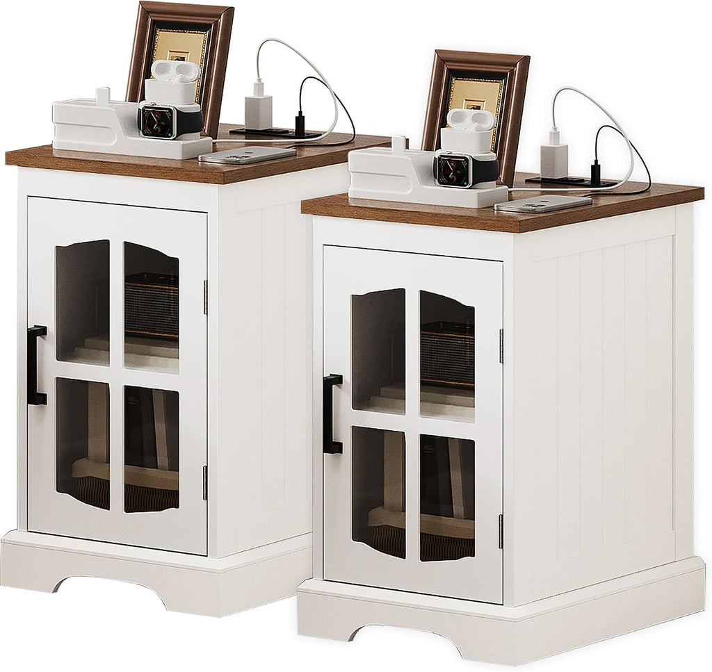 ChooChoo Farmhouse End Table Set of 2 with Charging Station, Nightstand with Adjustable Shelf and Glass Door, White Side Table for Living Room, Bedroom