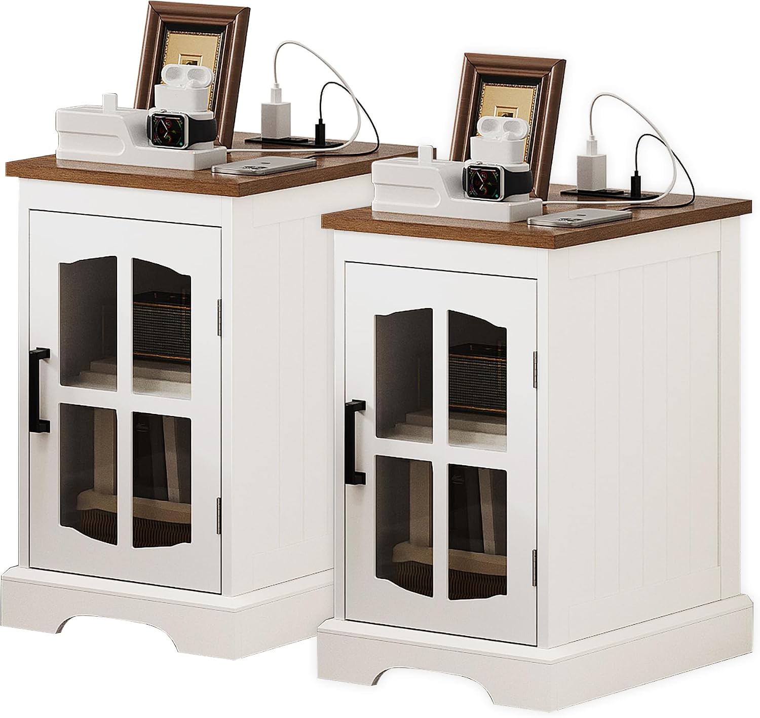 ChooChoo Farmhouse End Table Set of 2 with Charging Station, Nightstand with Adjustable Shelf and Glass Door, White Side Table for Living Room, Bedroom