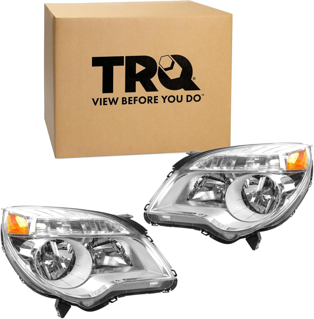 TRQ 2 Piece Headlight Assembly Set Chrome Bezel Driver & Passenger Side Compatible with Chevrolet Equinox LS LT 2010-2015 Equinox L 2015 GM2502338 GM2503338 23308253 23308254