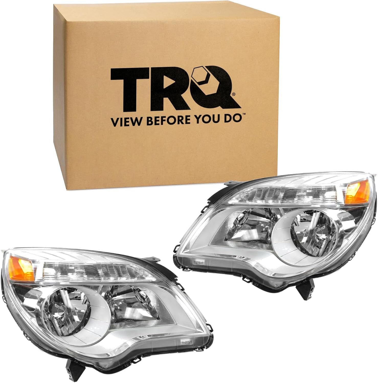 TRQ 2 Piece Headlight Assembly Set Chrome Bezel Driver & Passenger Side Compatible with Chevrolet Equinox LS LT 2010-2015 Equinox L 2015 GM2502338 GM2503338 23308253 23308254