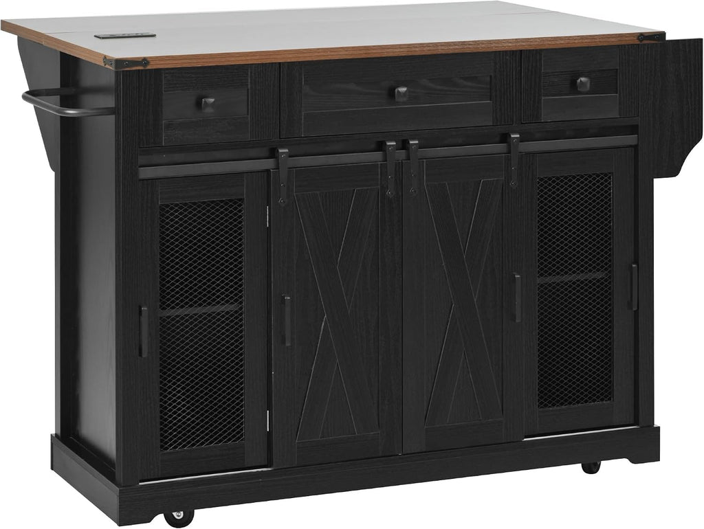 Large Farmhouse Kitchen Island with Drop Leaf, Power Outlet, Sliding Barn Doors and Metal Grid Side Door, 58' Rustic Storage Island Glass Holders for Dining Room