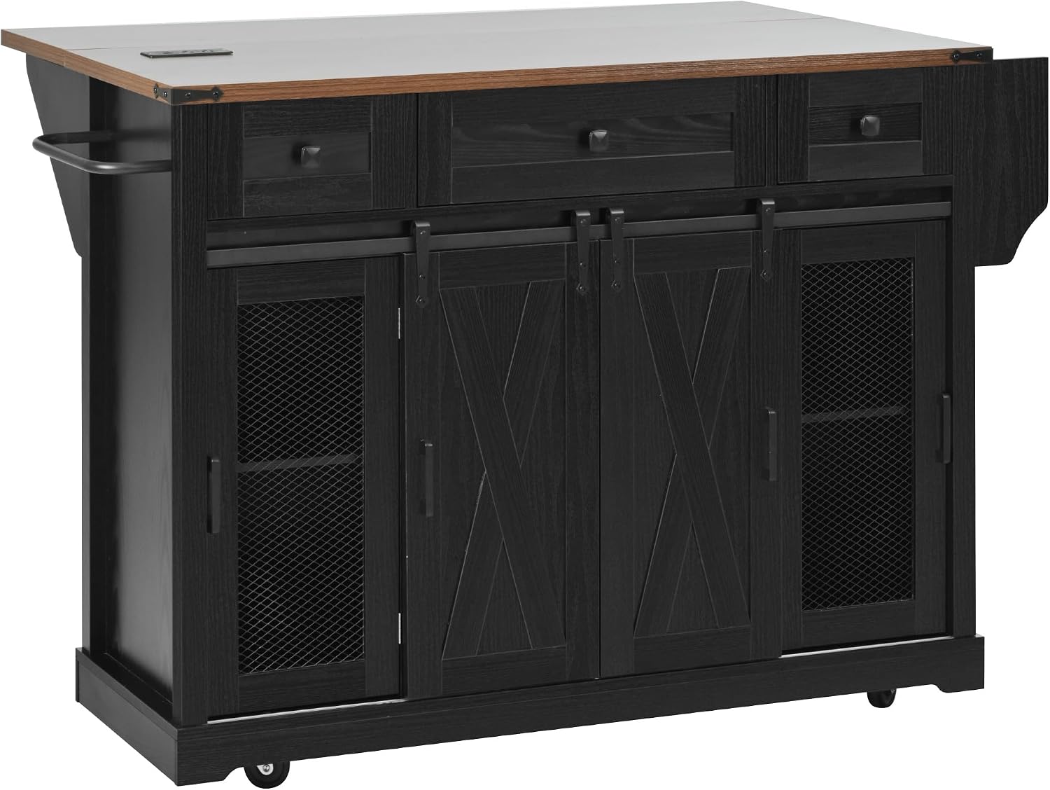 Large Farmhouse Kitchen Island with Drop Leaf, Power Outlet, Sliding Barn Doors and Metal Grid Side Door, 58' Rustic Storage Island Glass Holders for Dining Room