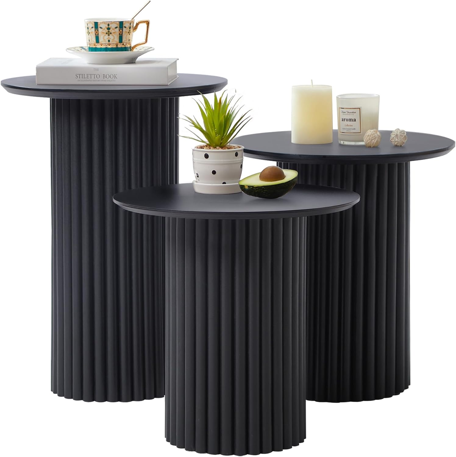 Bifins Round Nesting Coffee Table Set of 3,Mid Century Modern Fluted Coffee and End Table Set,Small Circle Wooden Side Table Drink Table for Living Room (Black)