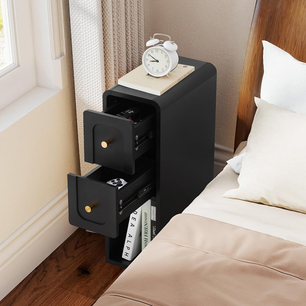 Small Nightstand Set of 2, Wooden Narrow Nightstands with 2 Drawers, Vintage Side End Table for Small Spaces, Skinny Night Stand, Bedside Table for Bedroom, Living Room (Black-2PCS)