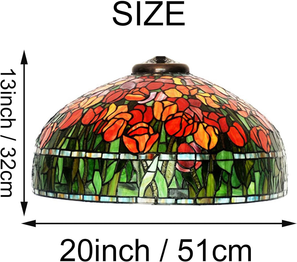 20 Inch Tiffany Lamp Shade Replacement, Only Handmade Stained Glass Lamp Chimney, Red Blue Flower Green Leaves Glass Beads Design, for Table Lamp, Pendant Light, Floor Lamp,Tulip