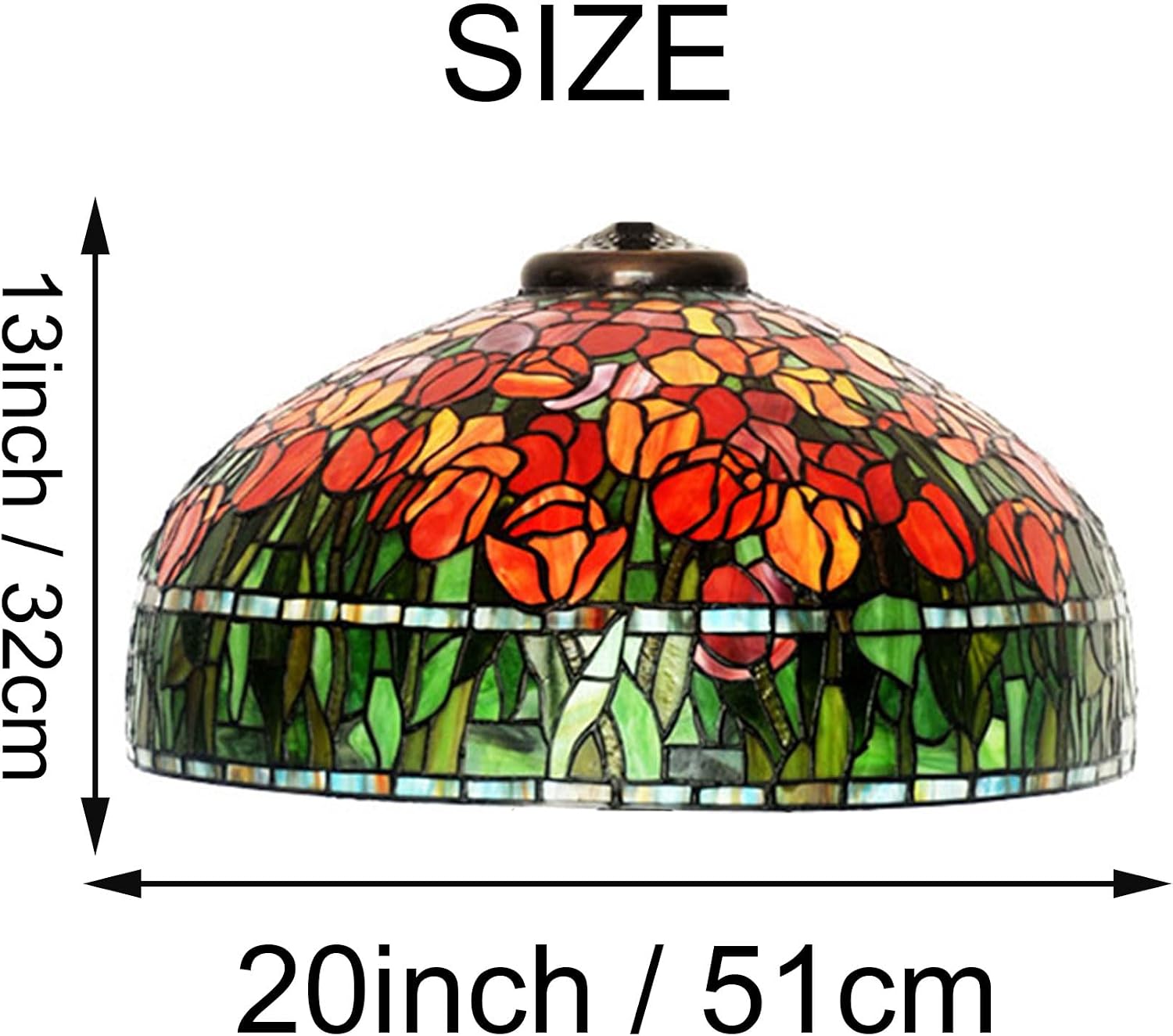20 Inch Tiffany Lamp Shade Replacement, Only Handmade Stained Glass Lamp Chimney, Red Blue Flower Green Leaves Glass Beads Design, for Table Lamp, Pendant Light, Floor Lamp,Tulip