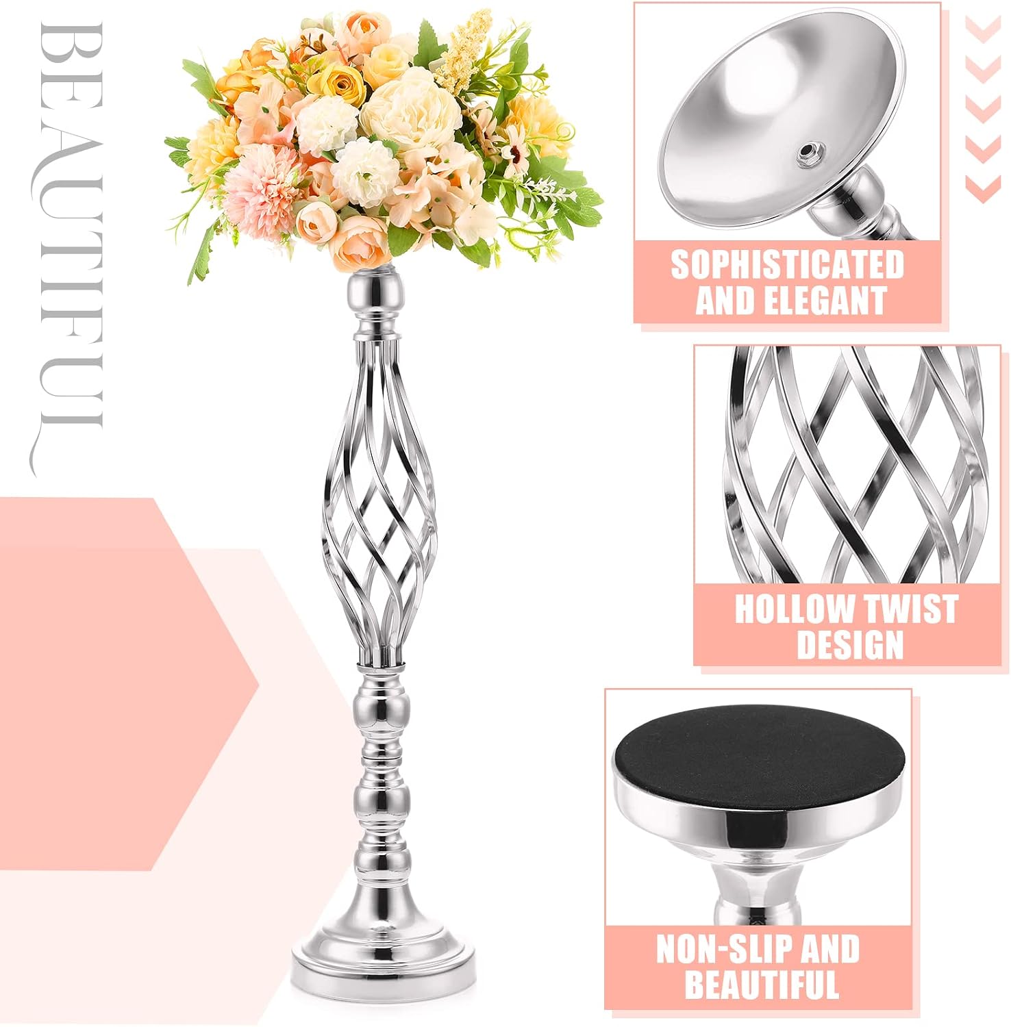 Rtteri 20 Pcs Large Wedding Centerpiece Table Decorations Tall Metal Flower Arrangement Stand Elegant Flower Vase Candle Holder for Wedding Reception Table Party Event Hotel Home Decor (Silver,Large)