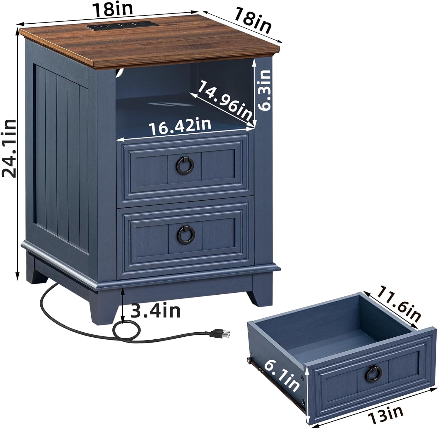 Joaxswe 18' Farmhouse Night Stands Set of 2 with Charging Station, 2 Drawers End Table Dresser for Bedroom, Blue Wooden Nightstand, Bed Side Table with Open Shelf, Bedside Cabinet for Living Room