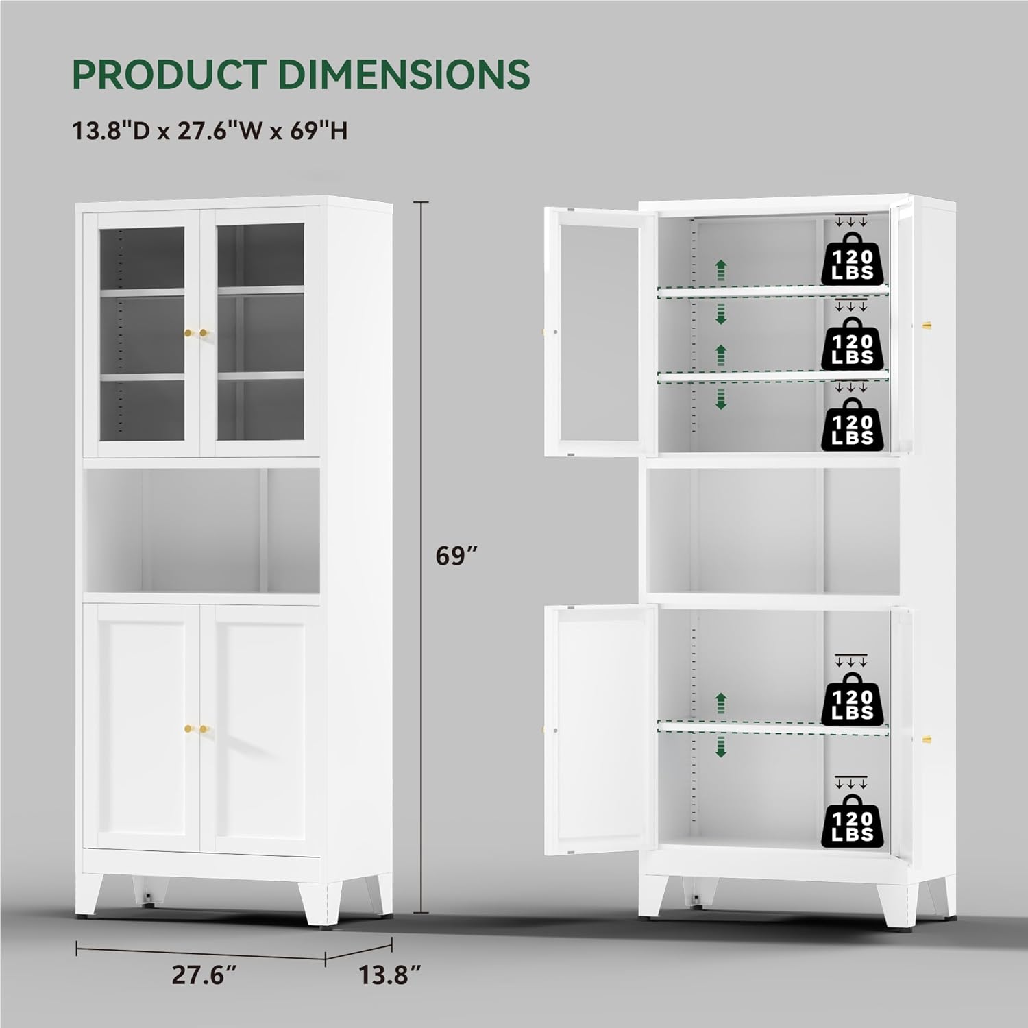 COFaR 69' Tall Modern Kitchen Pantry,Metal Storage Cabinet with Shelves ＆ Glass Doors for Display,Pantry Storage Cabinet,Freestanding Cupboard for Kitchen,Dining Room,Living Room,Bathroom,White