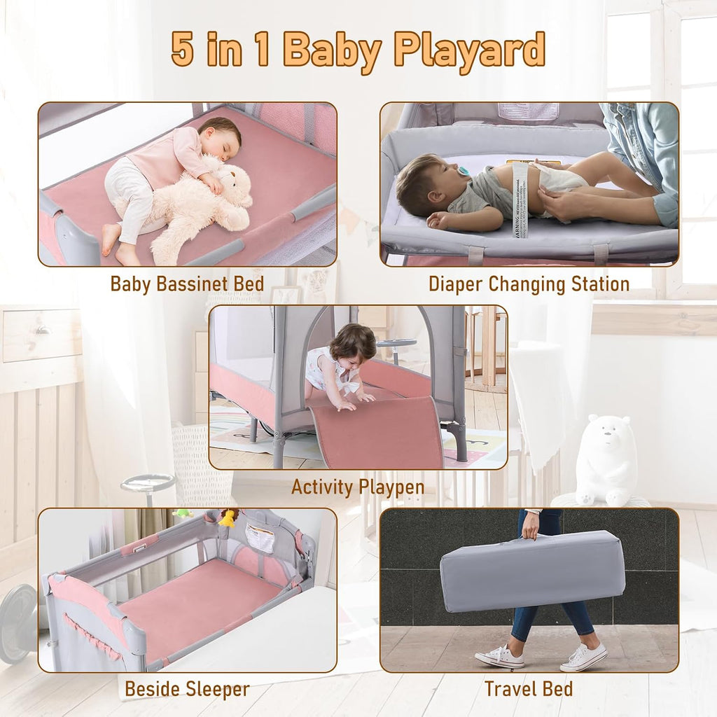 Jaoul 5 in 1 Baby Crib, Bassinet Beside Sleeper, Pack and Play with Bassinet and Changing Table Portable Travel Baby Playpen with Toys & Music Box, Mattress for Girl Boy Infant Newborn Pink