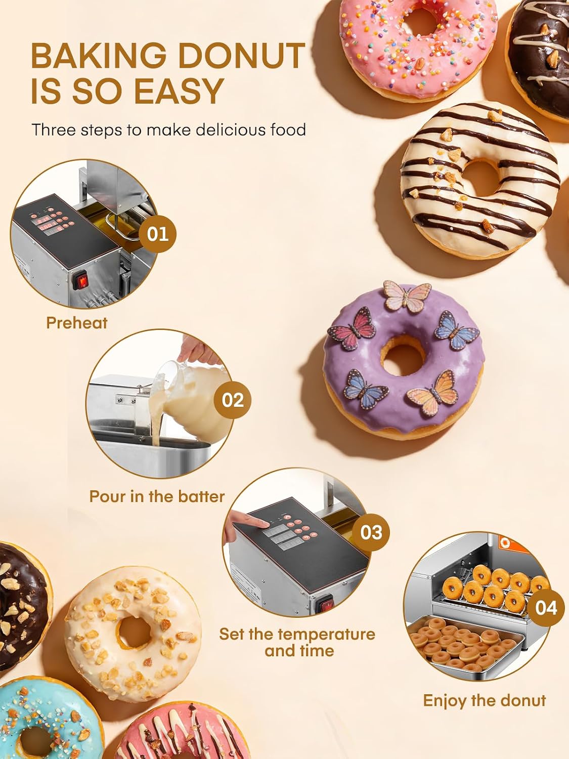 FOHERE Commercial Automatic Donut Maker Machine, 1750W 4-Row Mini Donut Fryer, 3L Hopper with Intelligent Control, 250PCS/H High Capacity, Stainless Steel for Bakeries, Cafes & Dessert Shops (Silver)