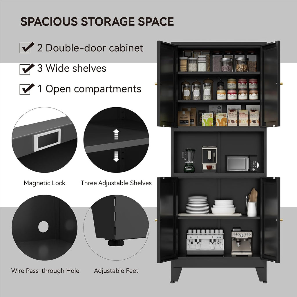 COFaR 69' Tall Modern Kitchen Pantry,Metal Storage Cabinet with Adjustable Shelves,Pantry Cabinet with 6-Tier,Freestanding Cupboard for Kitchen,Dining Room,Living Room,Bathroom,Black