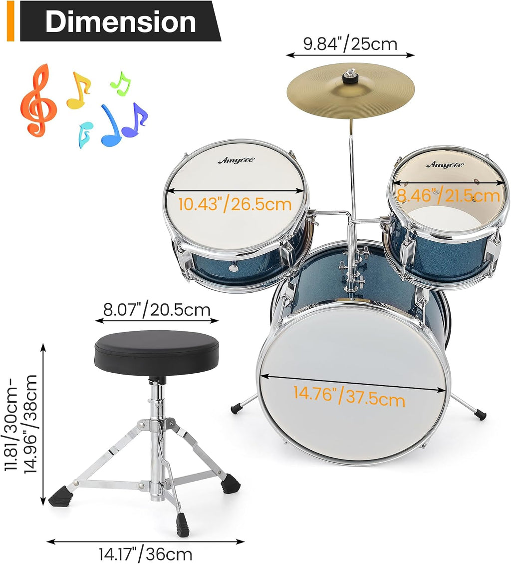 3-Piece Junior Drum Set, 14' Blue Complete Kids Drum Kit with Bass Drum, Snare, Tom, Cymbal, Throne & Sticks, for Ages 3-8 Beginners (Blue)