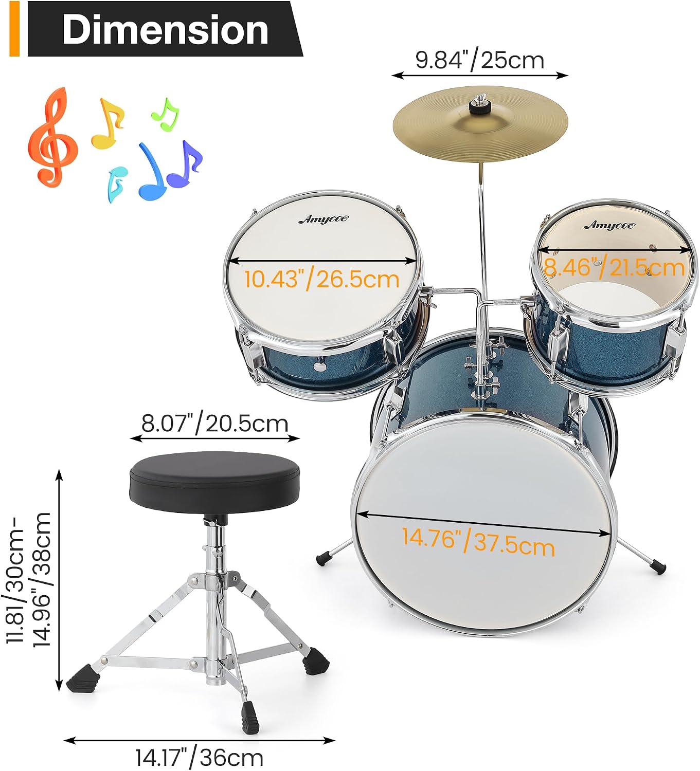 3-Piece Junior Drum Set, 14' Blue Complete Kids Drum Kit with Bass Drum, Snare, Tom, Cymbal, Throne & Sticks, for Ages 3-8 Beginners (Blue)