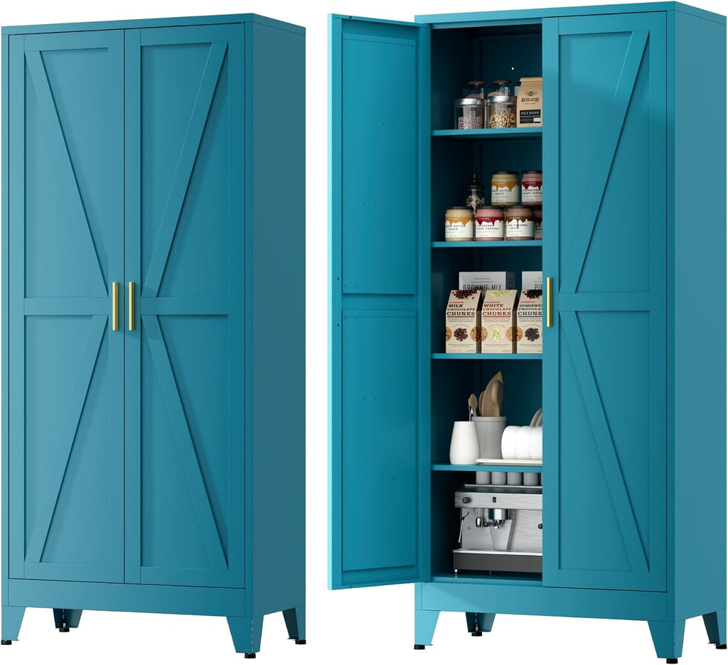 Farmhouse Pantry Cabinet with Barn Doors, 71' H x 31.5' W, 5-Tier Metal Storage Cabinet with 4 Adjustable Shelves for Kitchen Garage Dining Room,Blue 1 Pack
