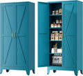Farmhouse Pantry Cabinet with Barn Doors, 71' H x 31.5' W, 5-Tier Metal Storage Cabinet with 4 Adjustable Shelves for Kitchen Garage Dining Room,Blue 1 Pack