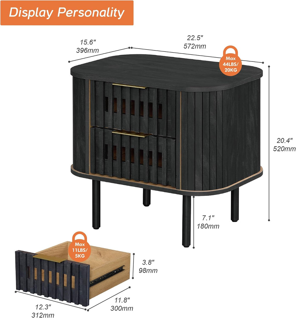 WAMPAT Fluted Nightstand, Modern Wooden End Table with 2 Drawer, Storage Bedside Table for Bedroom and Living Room, Black, 1 Pack