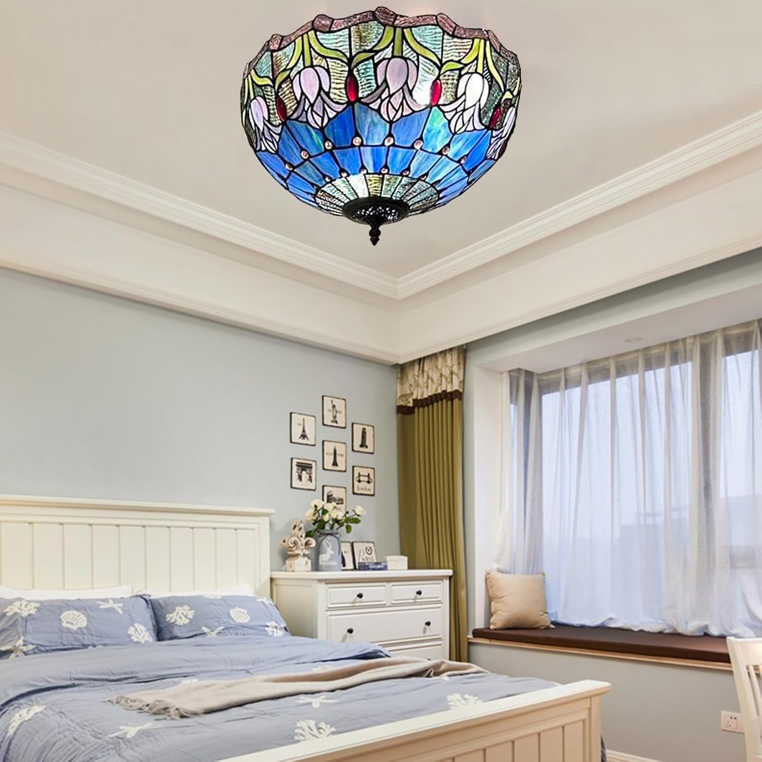 16 Inch Tulip Stained Glass Lampshades, Tiffany Replacement Lamp Shade, Only Handmade Retro Glass Shade Replacement for Table Lamp Pendant Light Floor Lamp Ceiling Fixture,Blue
