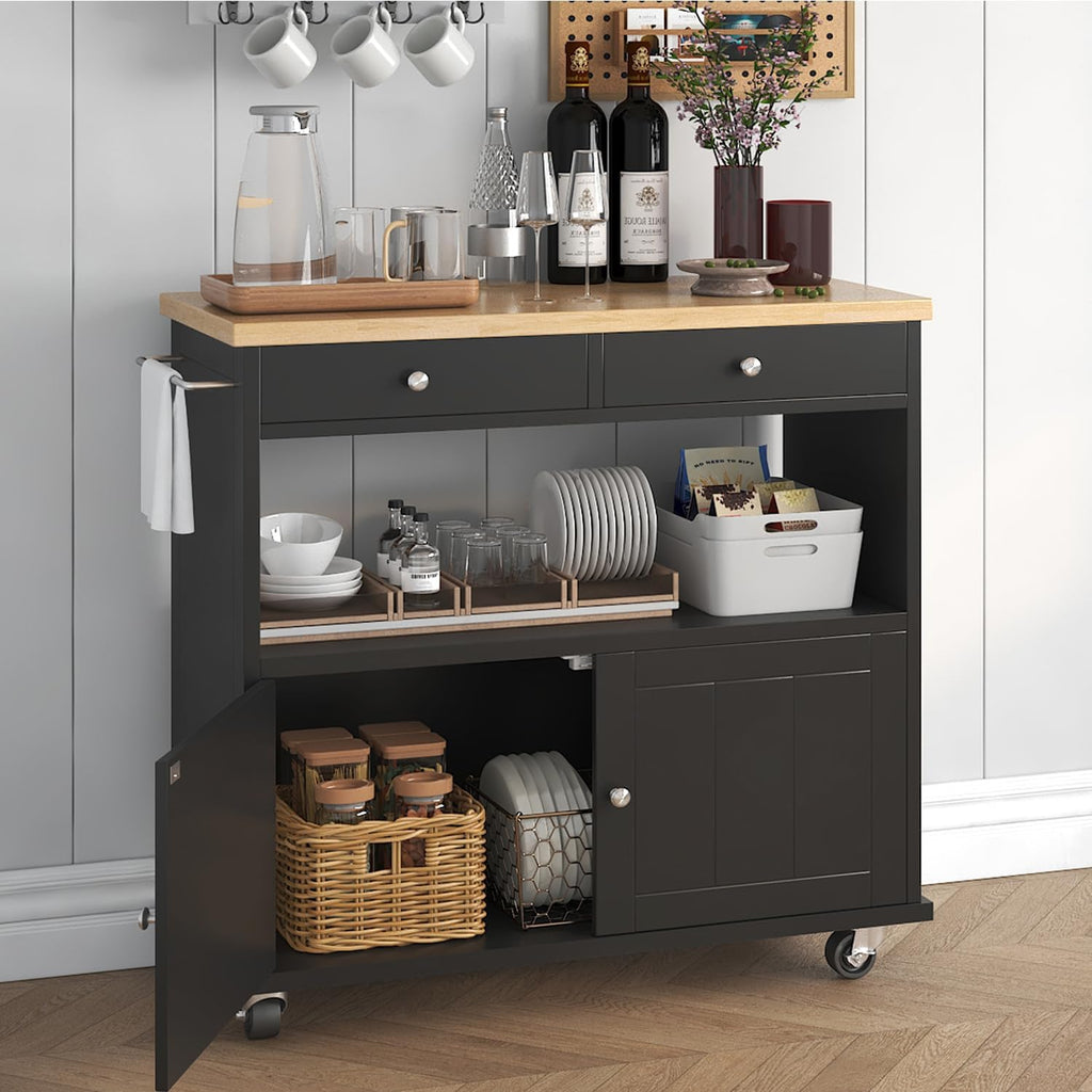 knoworld Rolling Kitchen Island with Storage Cabinet, 35.4'' Width Kitchen Cart, 2 Drawers Island Table, Portable Mobile Kitchen Island with Towel Rack, Wood Top and Lockable Wheels, Black
