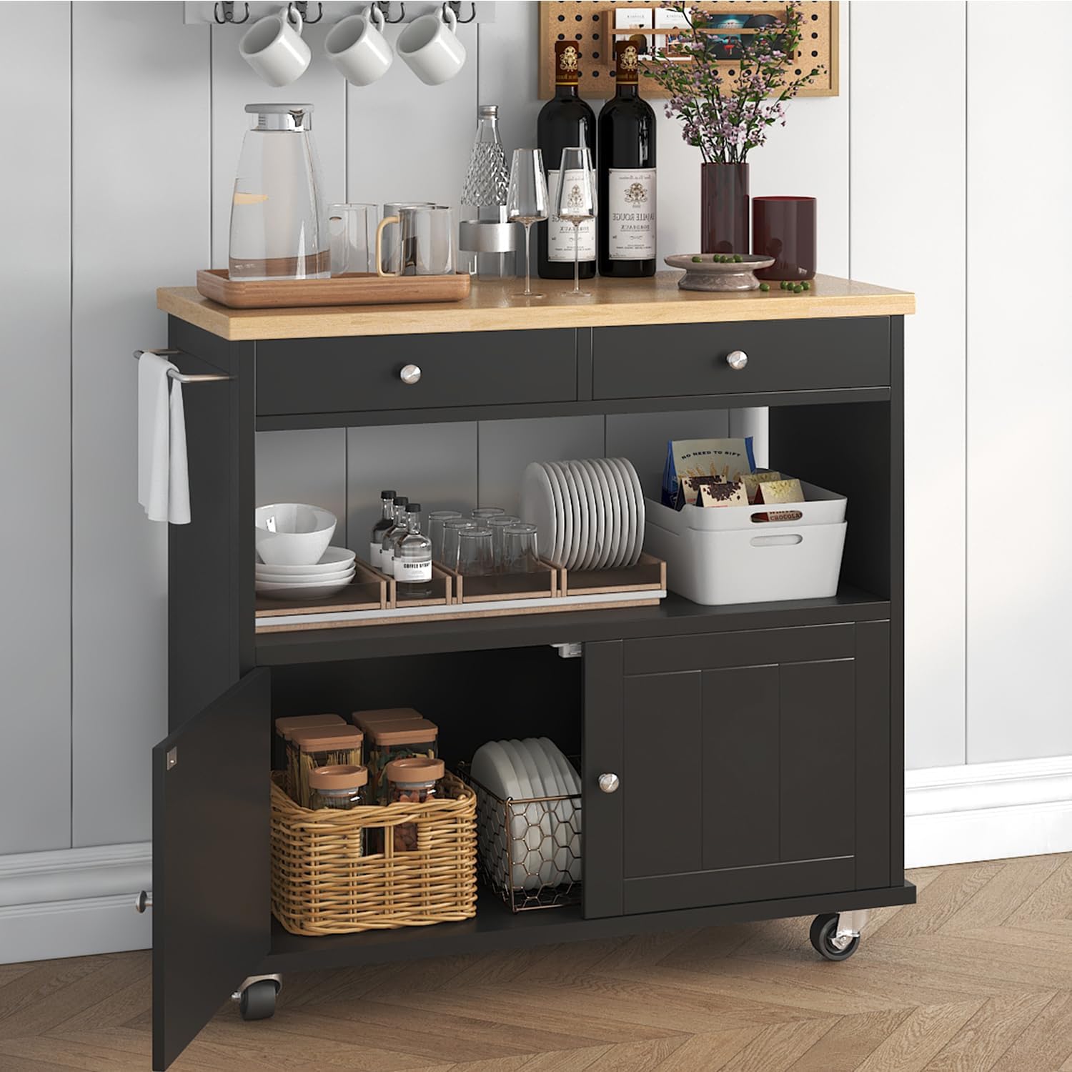 knoworld Rolling Kitchen Island with Storage Cabinet, 35.4'' Width Kitchen Cart, 2 Drawers Island Table, Portable Mobile Kitchen Island with Towel Rack, Wood Top and Lockable Wheels, Black