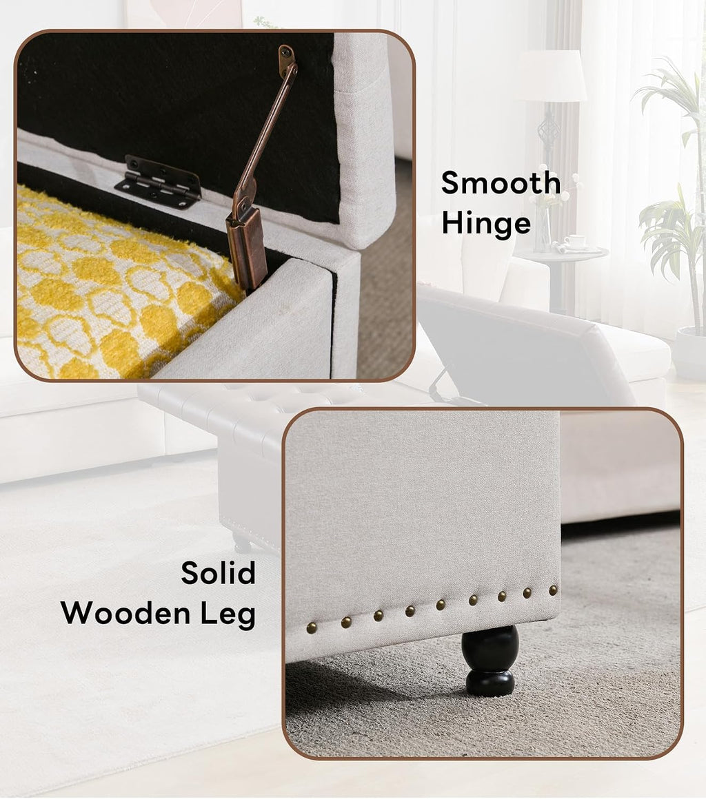 Tbfit Large Square Storage Ottoman Bench, Tufted Upholstered Coffee Table with Lift Top & Solid Wood Legs, Oversized Storage Ottomans Toy Box for Living Room (Beige)