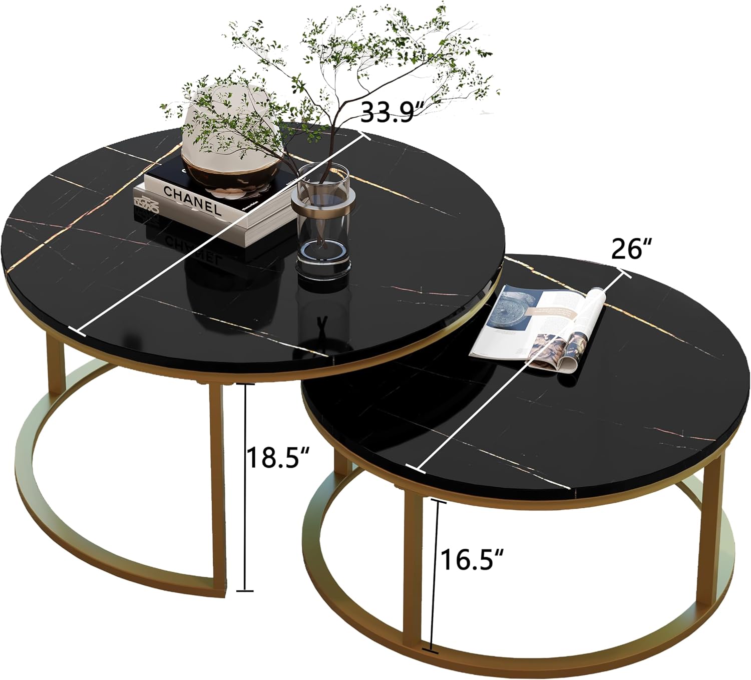 WiberWi Round Coffee Table Nesting Tables Set of 2, Large : Ø 34.0', Small : Ø 26.0', Modern Design Coffee Tables for Living Room, Gold Metal Frame Circle Cocktail Table, High Glossy Faux Black Marble