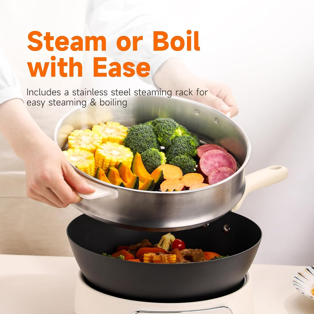 Joydeem 5Qt Electric Skillet, Pure Iron Nonstick Frying Pan with Glass Lid & Steamer Rack, 1600W 3-Level Heat Control, Removable Pot, Family-Sized Cooker for Boil Steam Sauté, 11.81inch