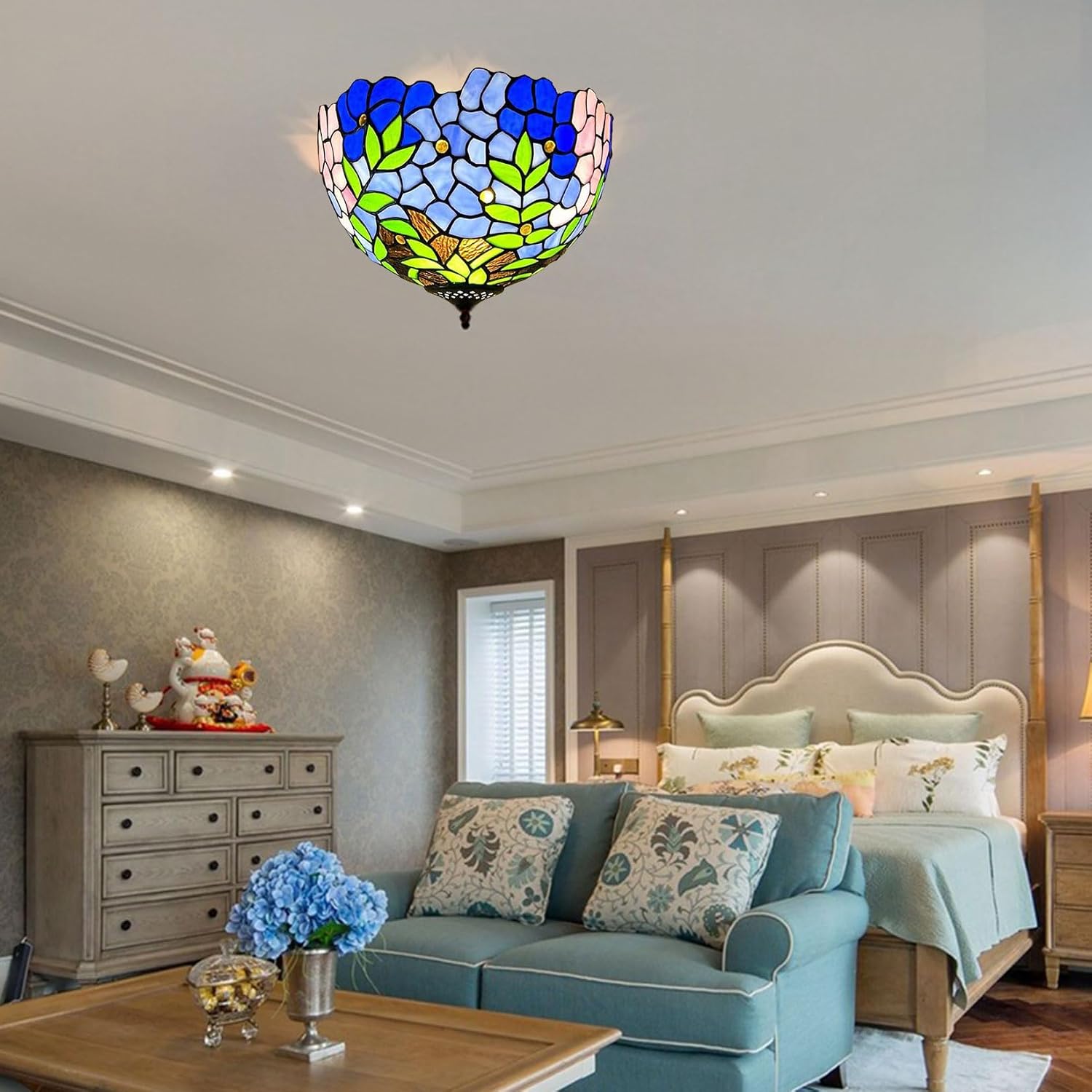 12-Inch Wisteria Lamp Shade Replacement, Tiffany Style Stained Glass Lampshades, Retro Blue Green Leaf Light Cover Accessories Only for Table lamp Pendant Lights Ceiling Light,Pink