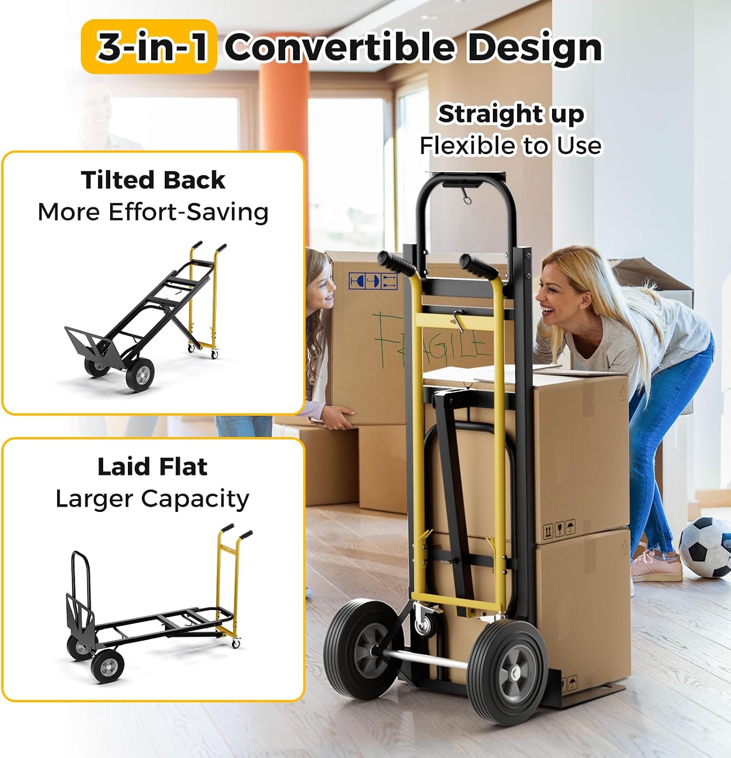 Goplus Convertible Hand Truck, 3-in-1 Metal Dolly Cart with 4 Wheels (2 Lockable), 1000 LBS Capacity, Safety Straps, Heavy-Duty Collapsible Folding Cart for Moving Home, Garage, Shop