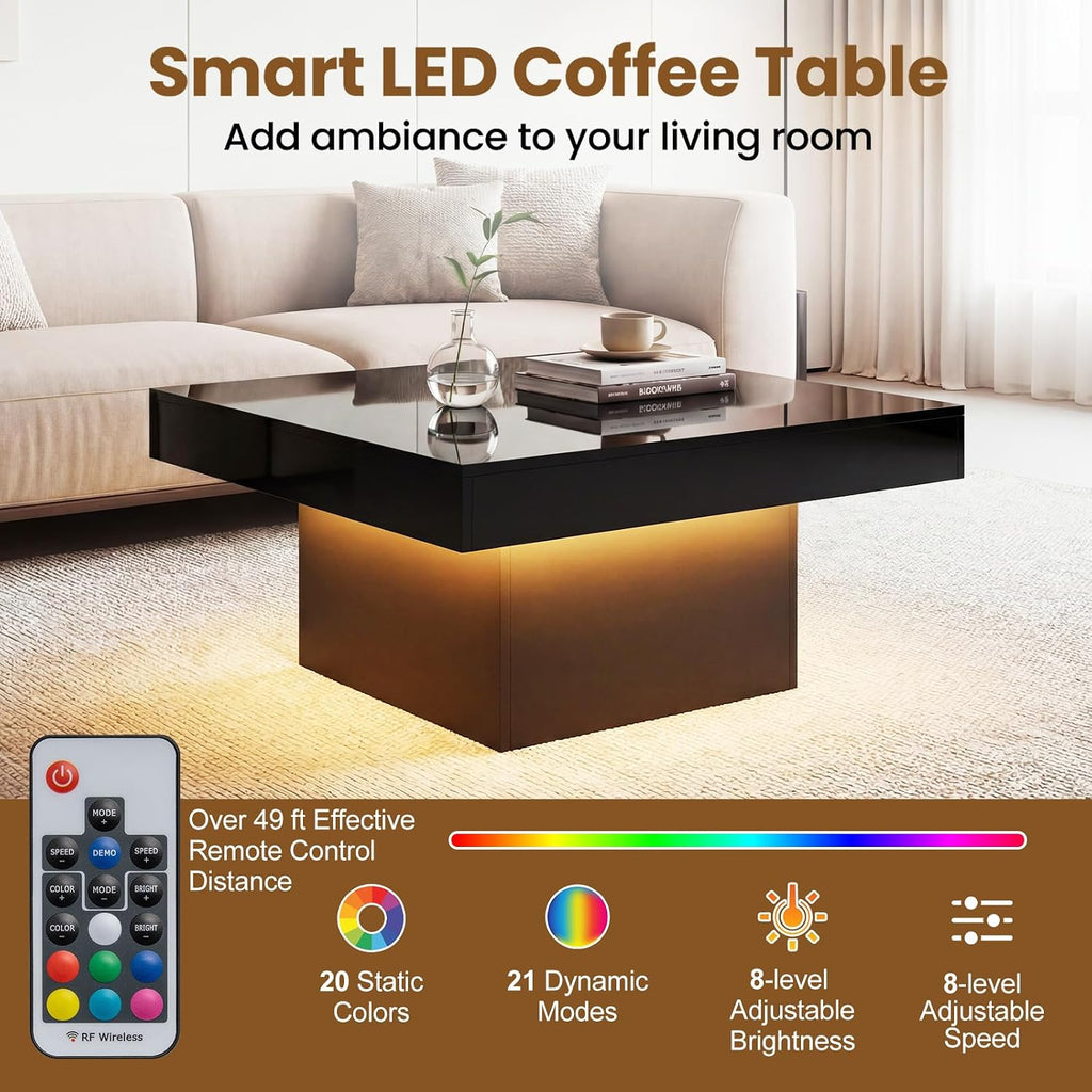 GOFLAME LED Coffee Table for Living Room, 35.5' Square Center Table with Storage, Adjustable Light Colors, Speed & Brightness, Remote Control, Modern High Glossy, Wooden Accent Tea Tables (Black)